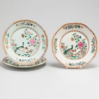 Three famille rose 'double peacock' plates, Qing dynasty, Qianlong (1736-95).