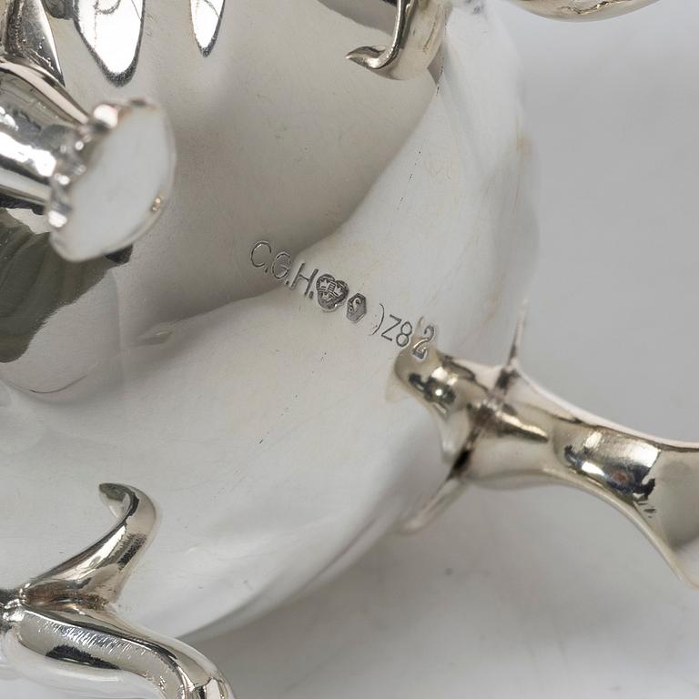 Sugar caster and salt and pepper shakers, silver, marked C.G. Hallberg, including Stockholm 1948.