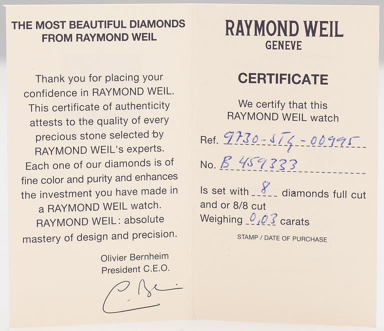 RAYMOND WEIL, Parsifal, rannekello, 22 x 14 mm.
