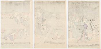 JAPANILAINEN PUUPIIRROS, triptyykki, myöhempi painos, 1900-luvun ensimmäinen puolisko, sekä kolme painotyötä.