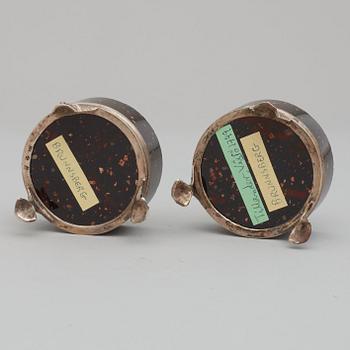 A pair of late Gustavian porphyry and silver salts. Silver maker's mark by Adam Tillström, Växjö 1799.