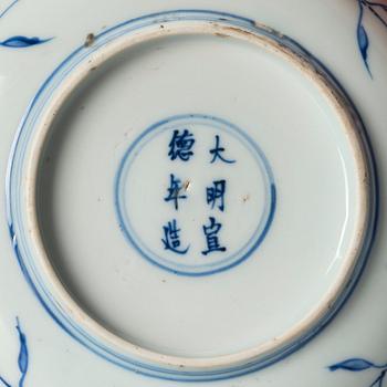 A blue and white dish, Ming dynasty, with Xuande six character mark.