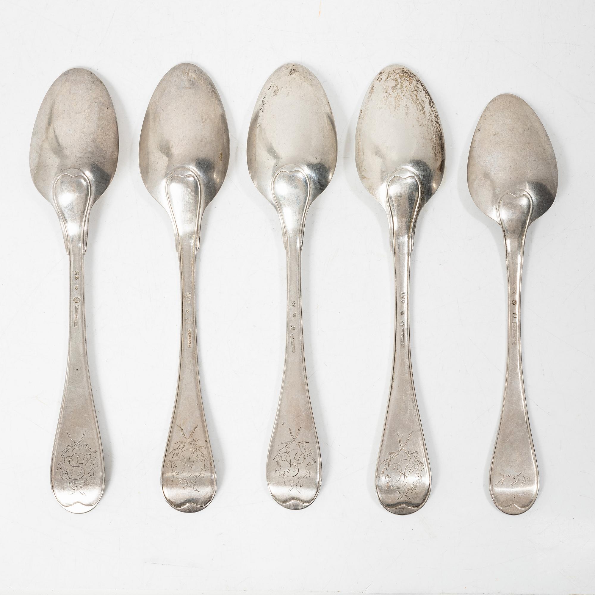 Five Swedish silver tablespoons, Stockholm, 1800–1825.