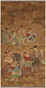 9. A fine daoist painting of gods holding written spells,  attendants and horsemen, Ming dynasty, 17th century.