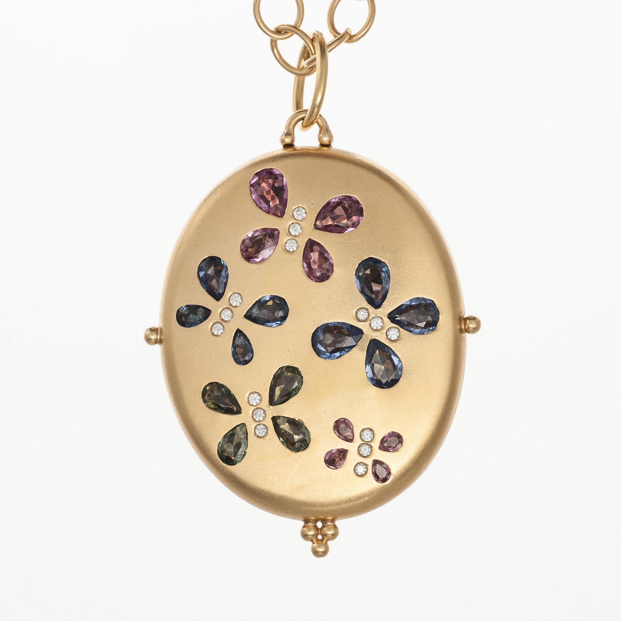 MEDALJONG, 18K guld, flerfärgade safirer, briljantslipade diamanter ca 0,20 ct. TEMPLE ST. CLAIR, USA. Vikt 75,3 g.