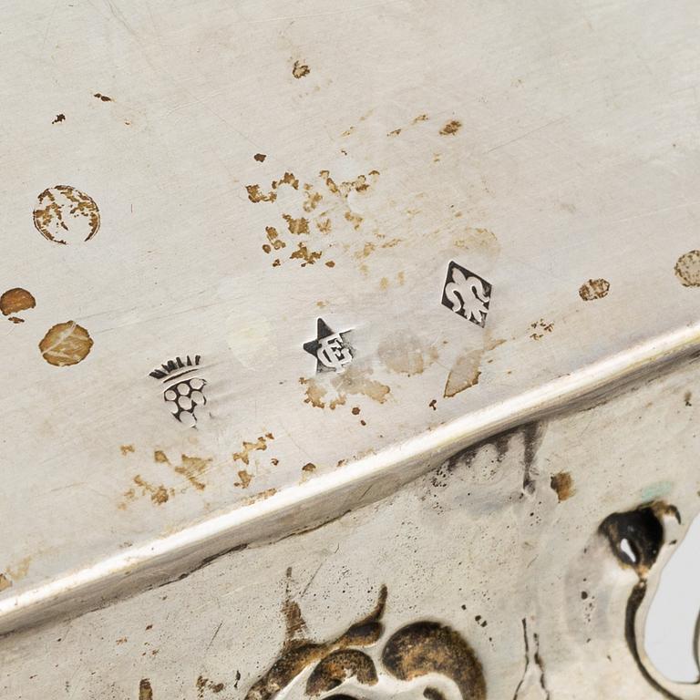 Two silver platters, presumably Wilhelm Weinranck, Hanau, and mock marks, Hanau, Germany, late 19th century.