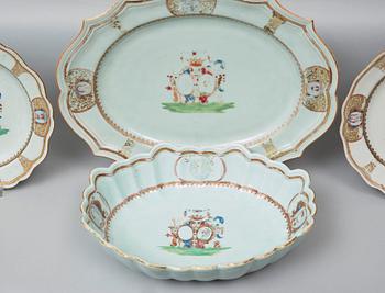 A famille rose part armorial dinner service, Qing dynasty, Qianlong (1736-95). (12 pieces).