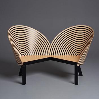 Nanna Ditzel, a 'Bench for two' with table, model 2600 & 2601, Frederica Stolefabrik, Denmark, post 1989.