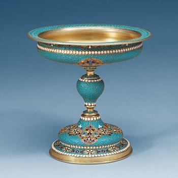 A Russian 19th century silver-gilt and enamel tazza, makers mark of Gustav Klingert, Moscow 1895.