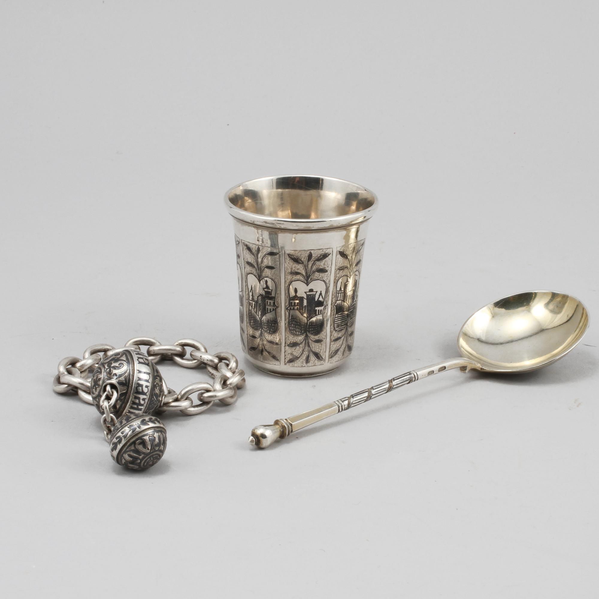 SKED, KEDJA samt BÄGARE, silver, Ryssland, delvis Moskva, 1800-tal respektive 1900-tal, vikt 155 gram.