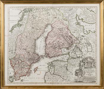 KARTA, handkolorerat kopparstick, Johann Baptist Homann, 1700-tal.