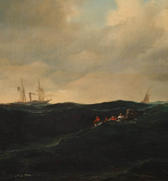 Marcus Larsson, ”Sjöstycke”. Marin med segelfartyg, ångbåt och figurer i roddbåt.
