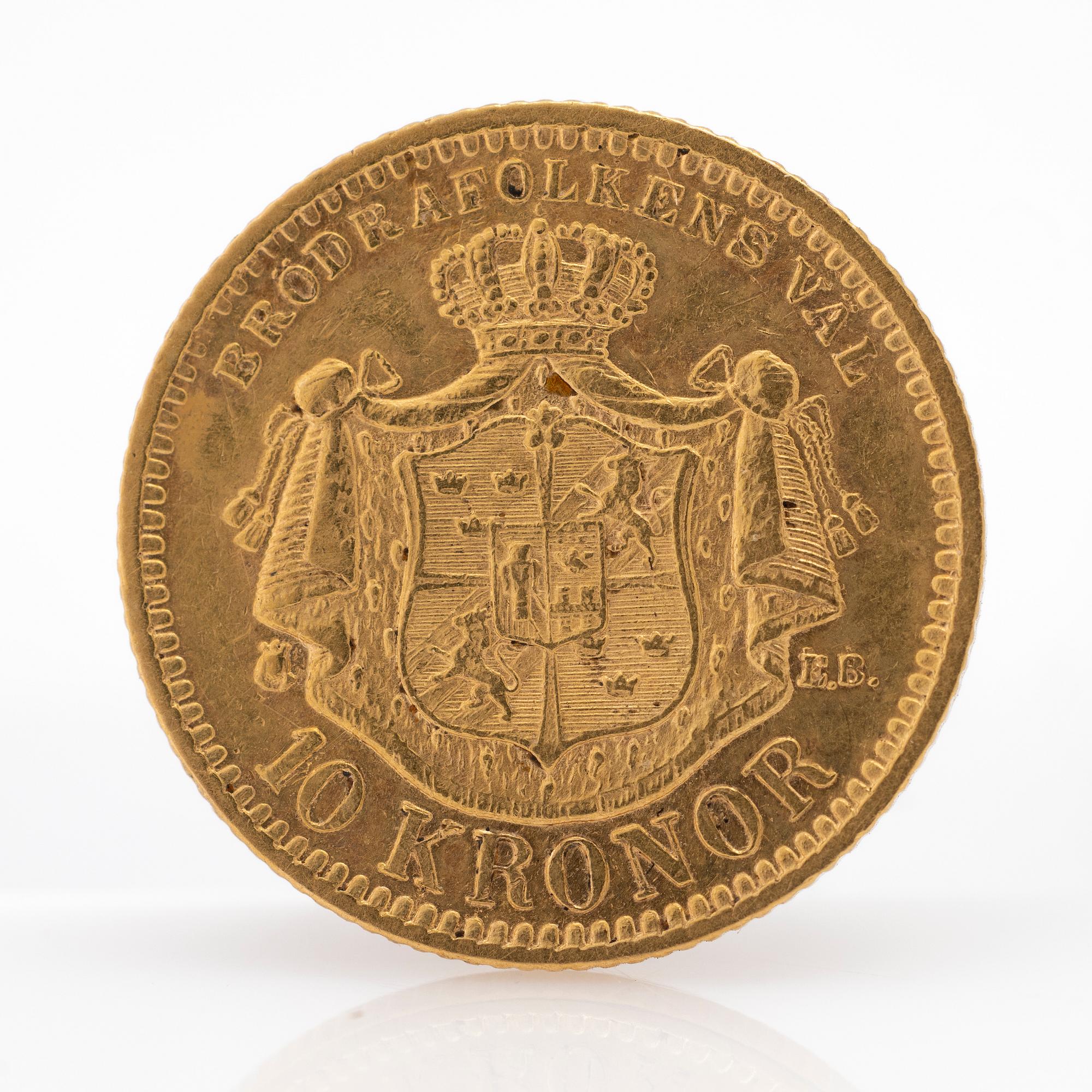 Gold coin Sweden, Oscar II 10 kronor, 1883.