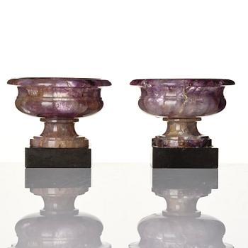 A pair of 'Blue John' feldspar salts, 19th century.