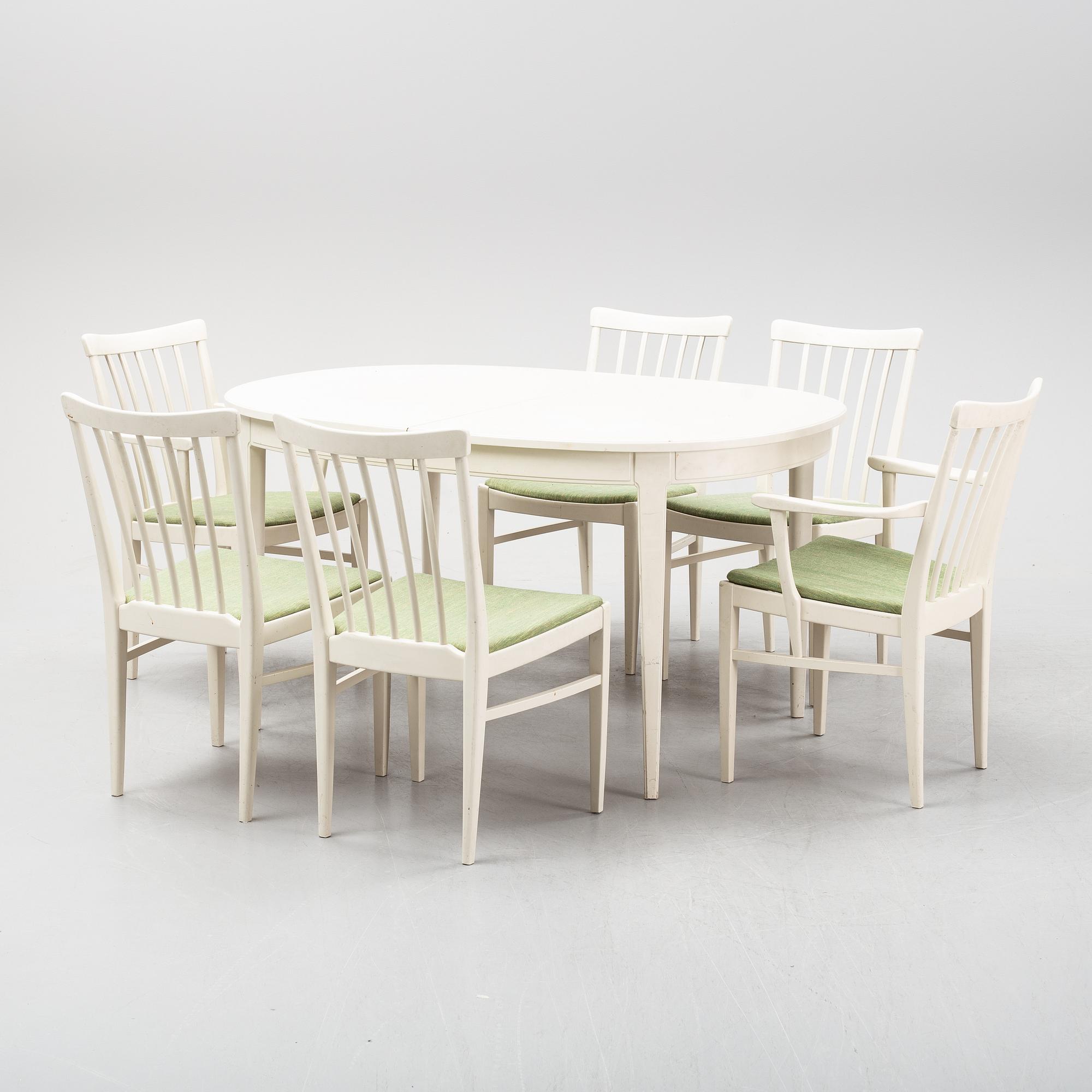 Carl Malmsten, matbord, stolar 4 st, karmstolar 2 st, "Herrgården", Bodafors, 1900-talet andra hälft.