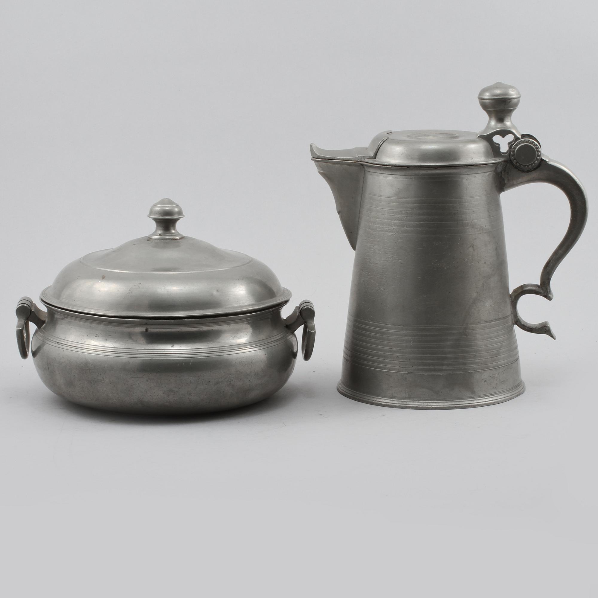 GRÖTSKÅL OCH STOP, tenn, Sven Ekström, Norrköping, 1836 respektive Pehr Johan Mattsson, Mariestad, 1830.