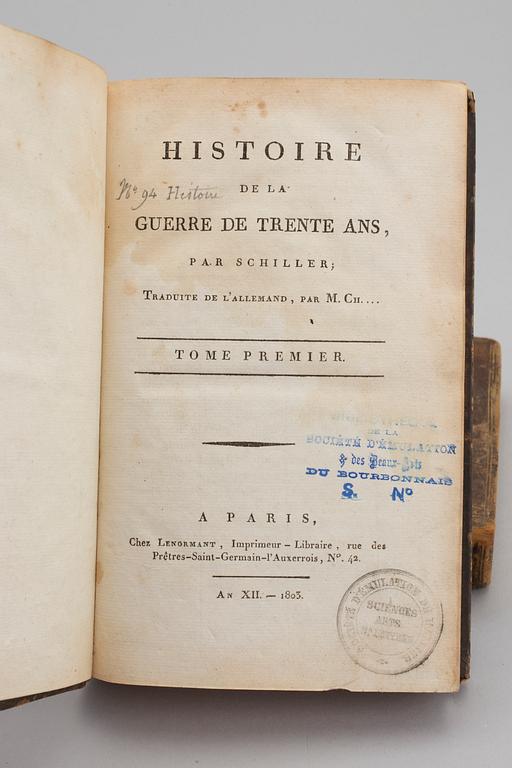 BOOKS: Fables de la Fontaine, 2 volS, 1818.  Histoire de la Guerre de Trente Ans, 2 volS, 1803.