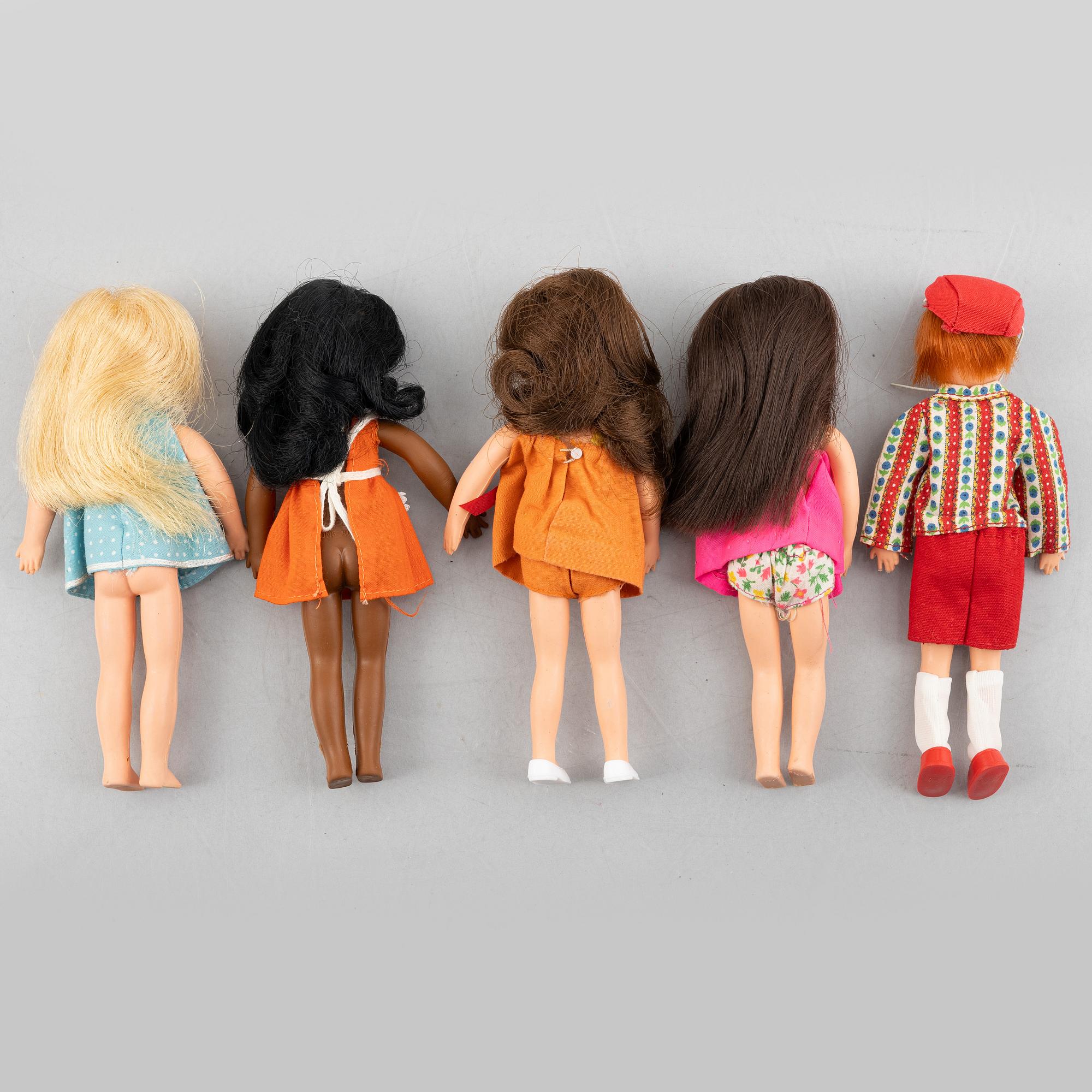 Barbie dolls, 5 pcs, "Chris", "Tod", "Titti", "Carla" & "Chris", Mattel, 1960s.