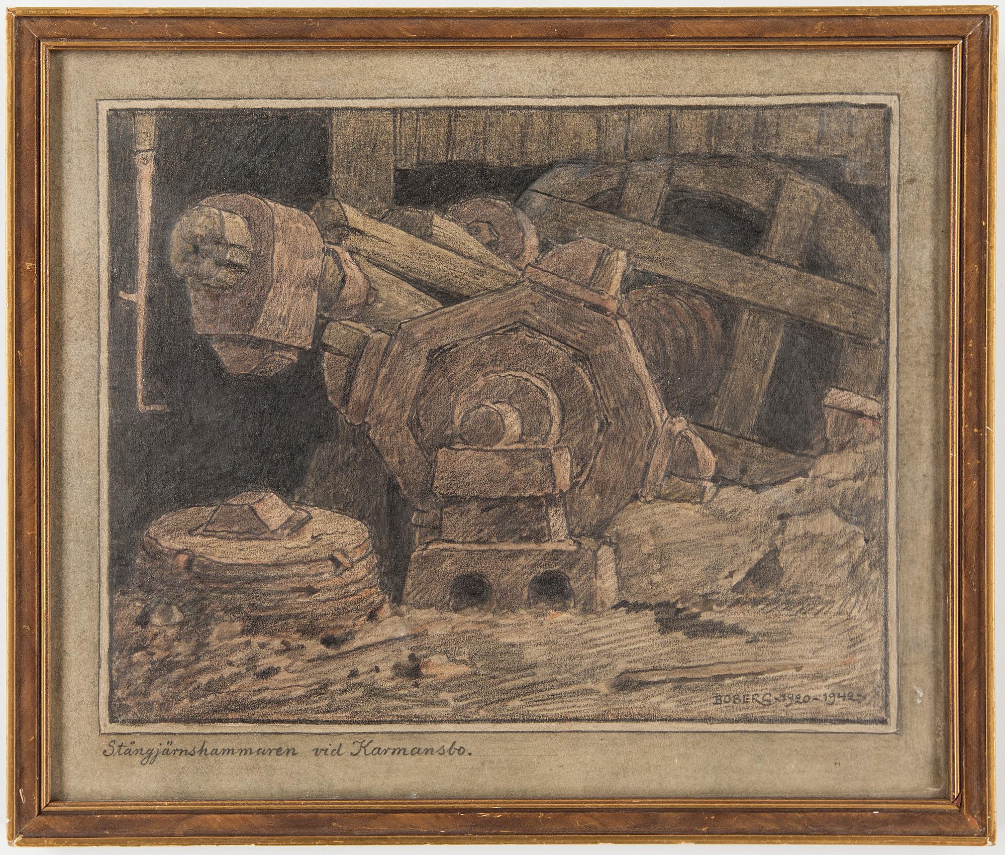 FERDINAND BOBERG, 2 st, bl a  "Karmansbo",daterad 1942 blyertsteckning/krita samt akvarell, signerade.