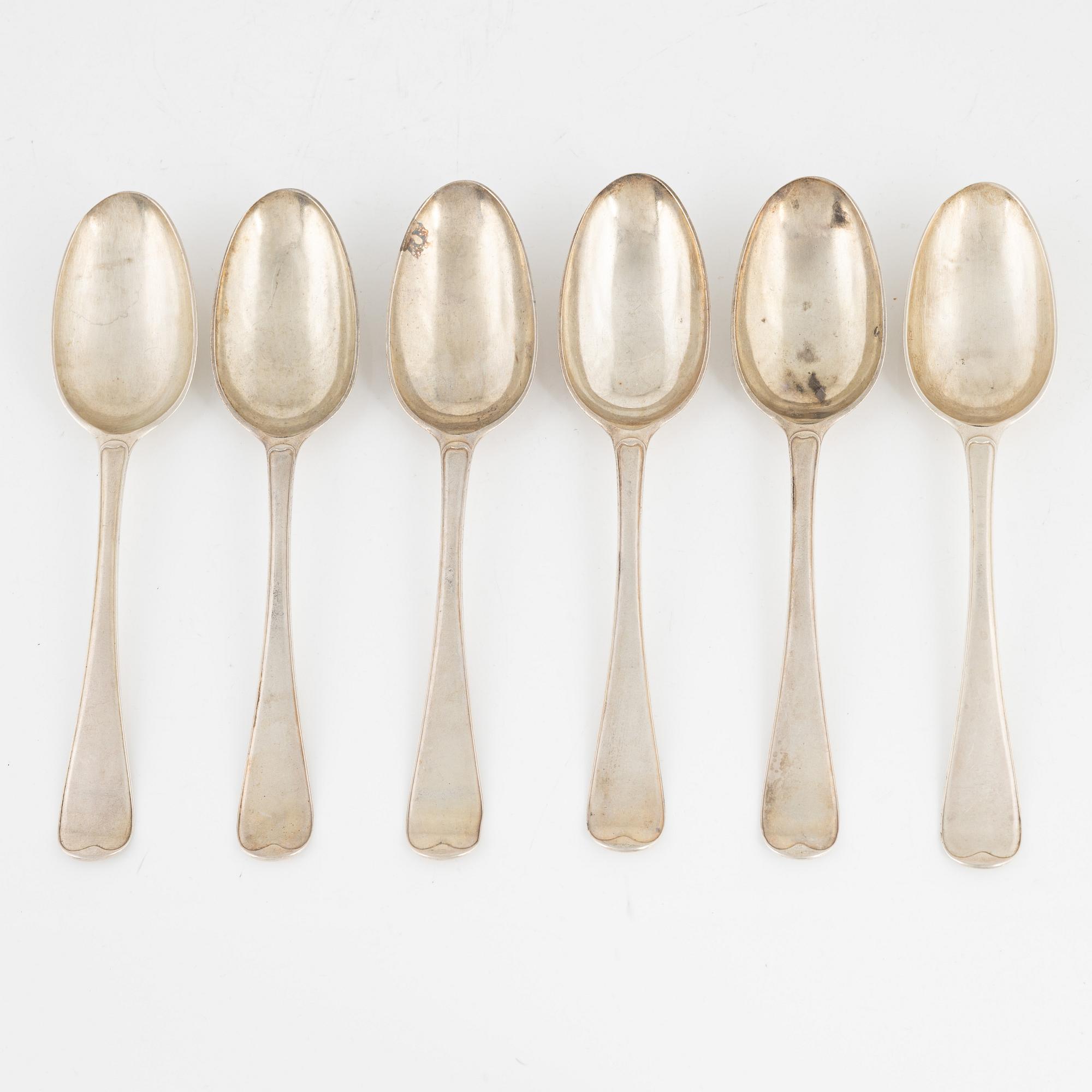 Six Swedish 18th century silver spoons, marks of Johan Henrik Schvart, Karlskrona 1788.