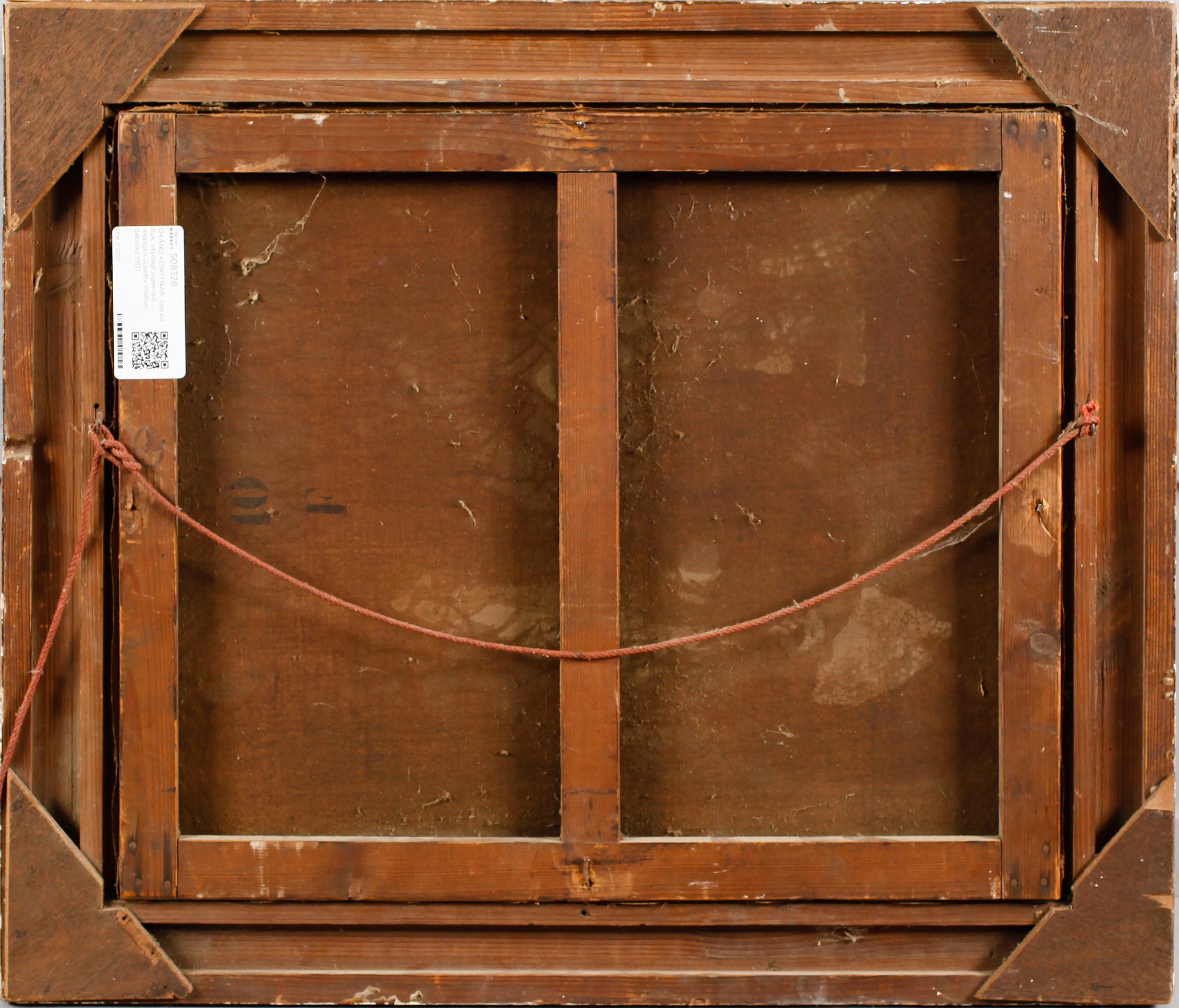 OKÄND KONSTNÄR, olja på duk, otydligt signerad möjligen Juliette Polltier, daterad 1907.