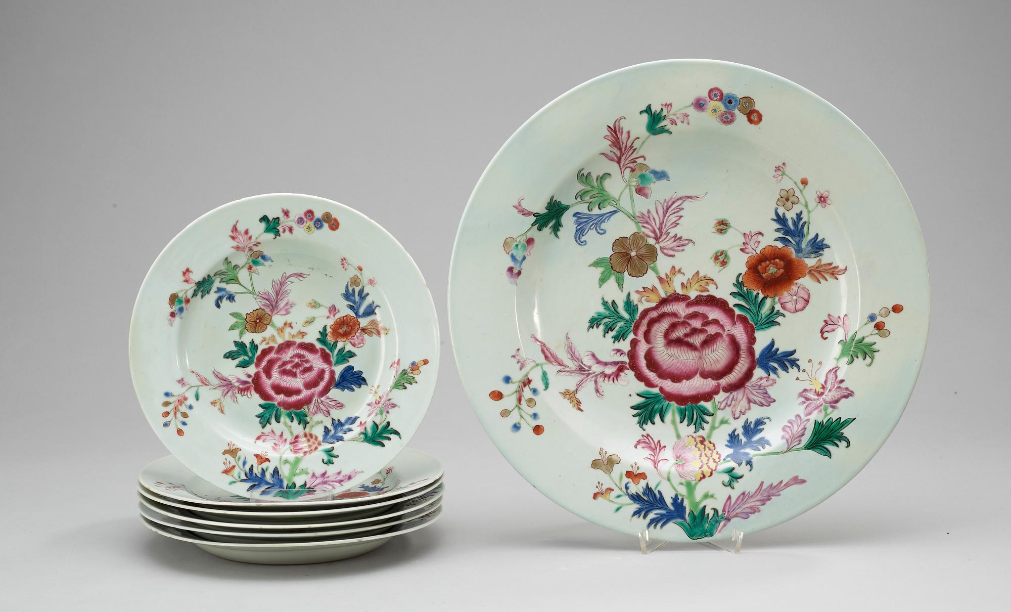 FAT samt TALLRIKAR, sex stycken, kompaniporslin. Qing dynastin, Qianlong (1736-95).