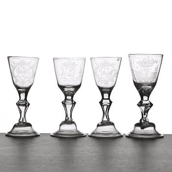 A set of four wine glasses, 18th Century.