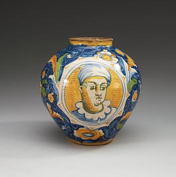 An Italian majolica albarello, presumably Urbino, 17/18th Century.