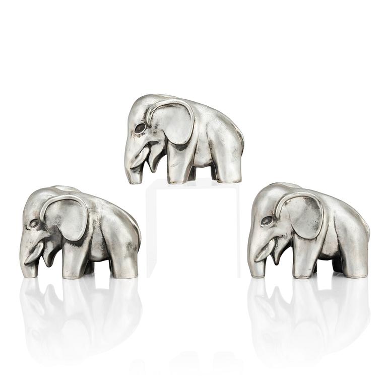 Björn Trägårdh, a set of three pewter sculptures of elephants, Svenskt Tenn, Stockholm 1984-85, model 1734.