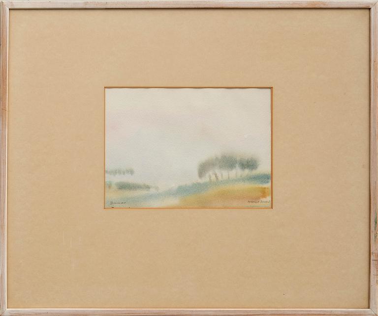 Margit Jones, akvareller, 2 st, "Dimman" och "Oro".