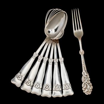 MATSKEDAR, 6 st samt GAFFEL, silver, Danmark. 1900-talets första hälft. Tot vikt 399 g.