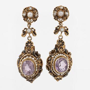 Earrings, a pair, silver with amethysts and pearls.