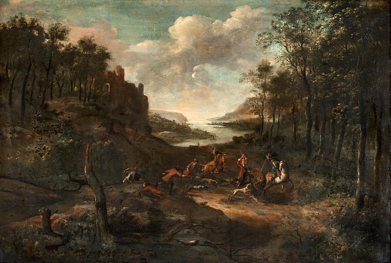 Jan Wyck Attributed to, Landscape with hunting party.