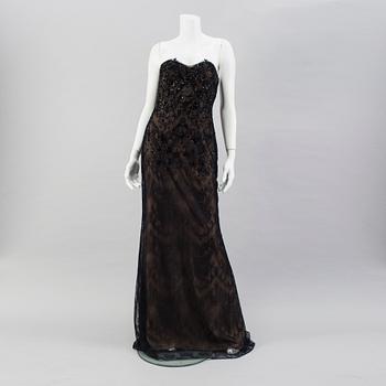 A black lace evening gown by Marchesa Notte.