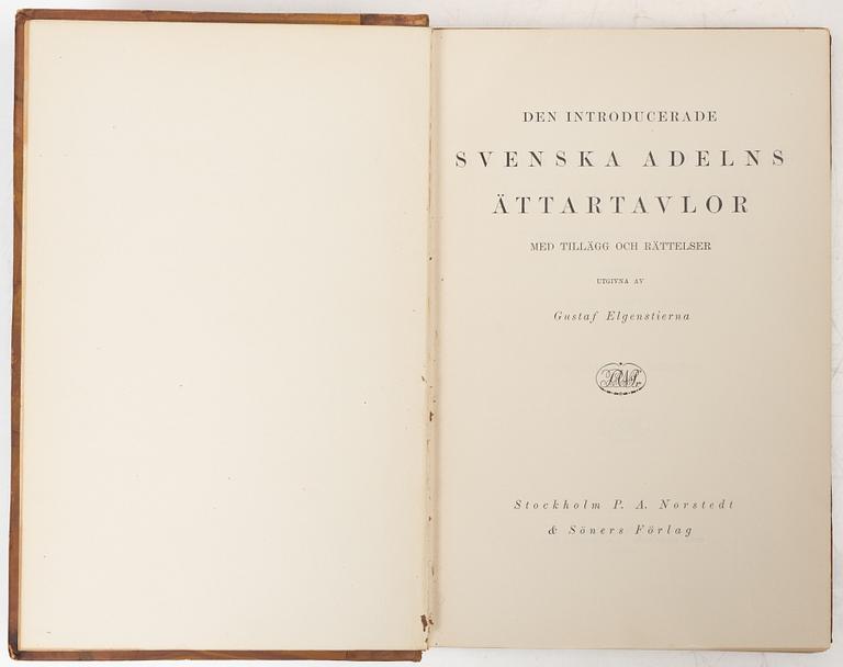 Nine volumes of Gustaf Elgenstierna's 'Den introducerade svenska adelns ättartavlor', 1925-1936.