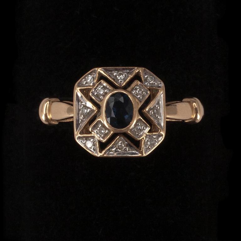 RING, guld 14K, safir med små diamanter, 1997. Vikt 2,9 g.