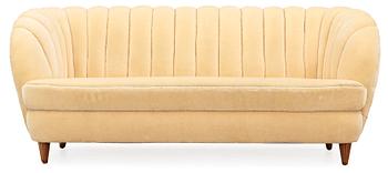 611. A Swedish off-white velvet plush three seated sofa, 1930-40's.