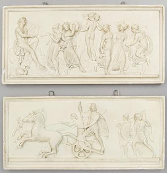 BERTEL THORVALDSEN, efter, väggreliefer, 2 st, gips, 1900-talets första hälft.