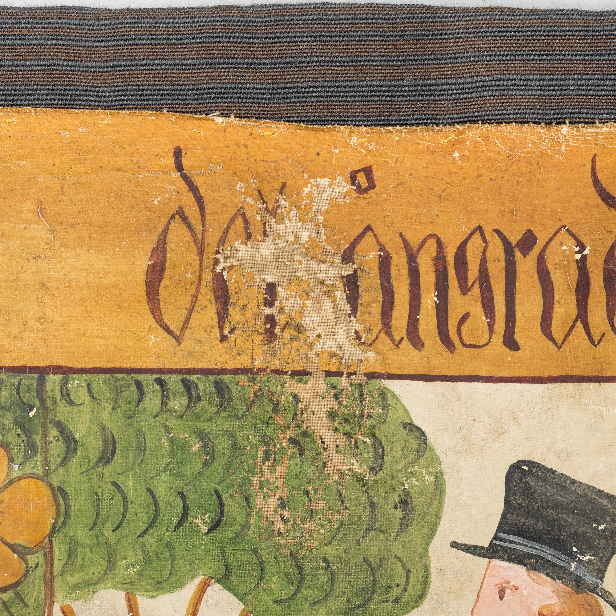 A traditional Swedish 19th century painting on linen. (part of).