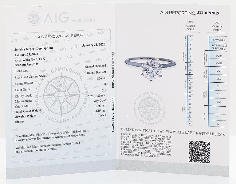 Sormus, 14K valkokultaa ja timantti n. 1.56 ct. AIG-todistuksella.