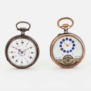 TWO POCKET WATCHES WITH STANDS.