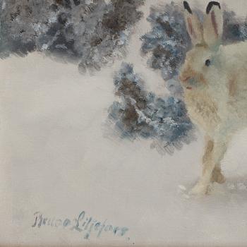 Bruno Liljefors, Winter landscape with hare and hounds.