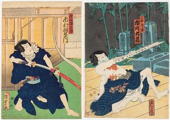 Träsnitt, två stycken, troligen Yoshifuji Utagawa (1828-1887) och Kunisada II (1823-1880), Japan, 1800-tal.