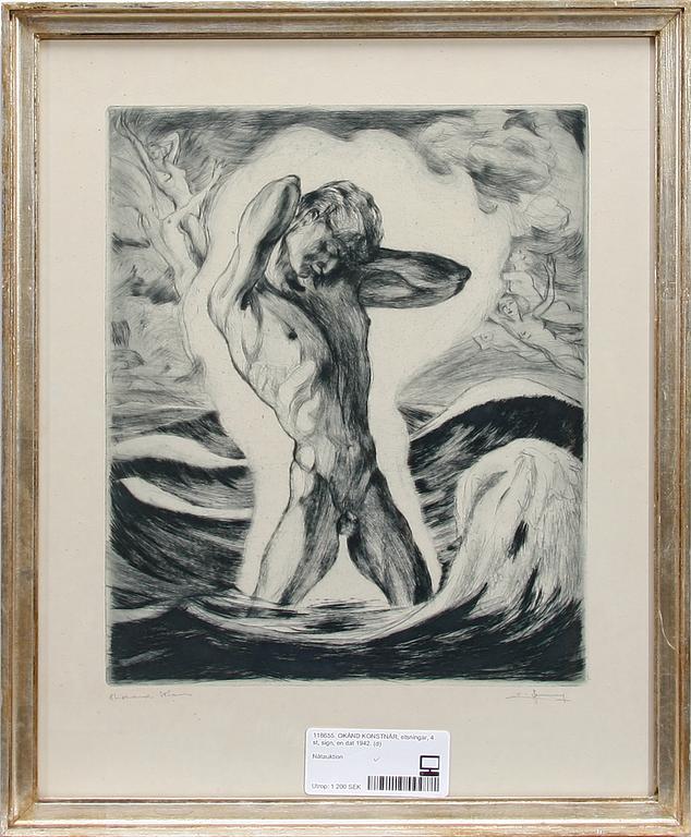 OKÄND KONSTNÄR, etsningar, 4 st, sign, en dat 1942.