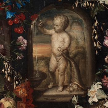 Ottmar Elliger Tillskriven, Stilleben med exotiska frukter, blommor och insekter kring en nisch med en stående putti.