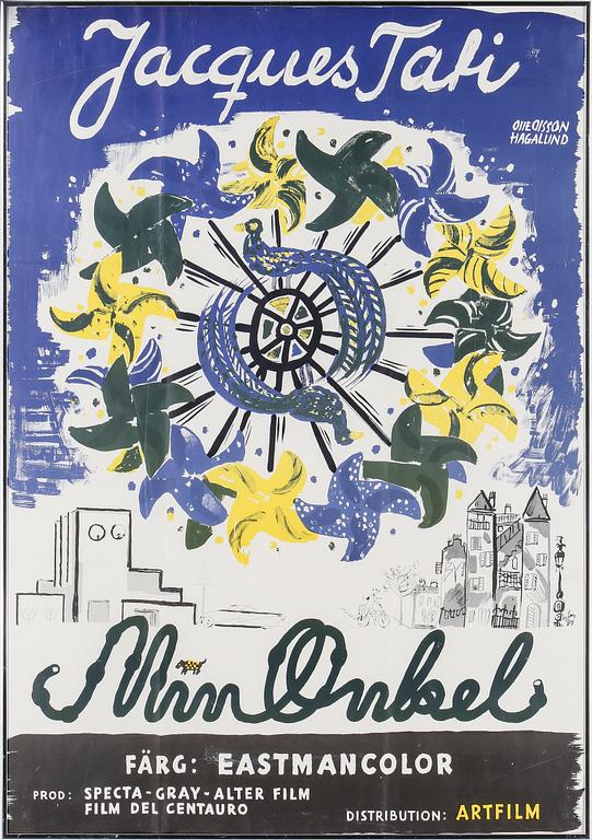 FILMAFFISCH, litografiskt tryck, "Min Onkel av Jacques Tati", målad av Olle Olsson Hagalund.