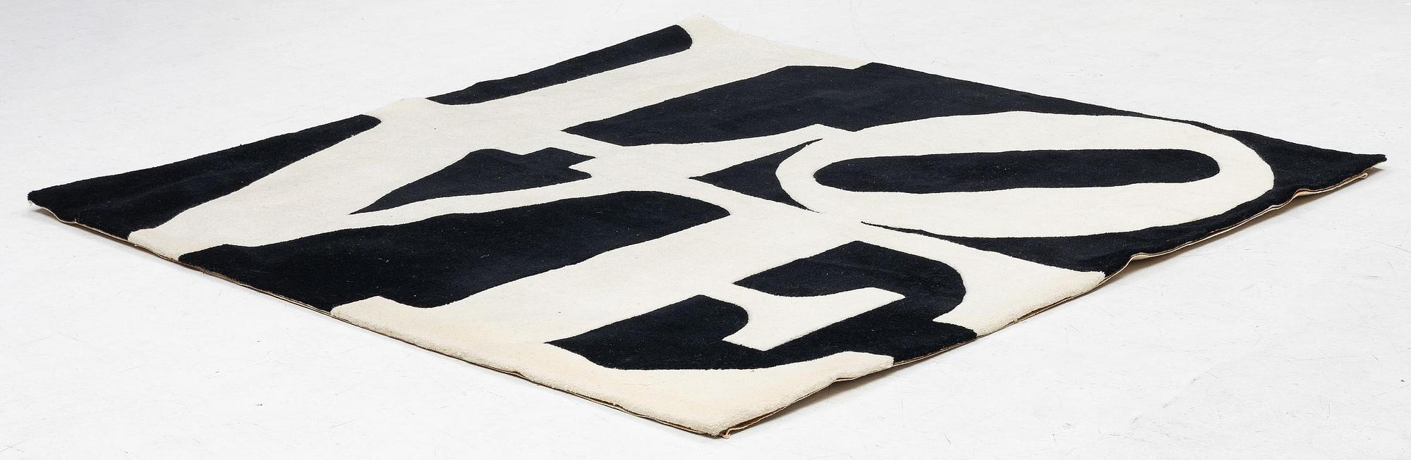 Robert Indiana, a carpet, 'White on Black', Chosen Love, hand tufted, ca 181 x 181 cm.