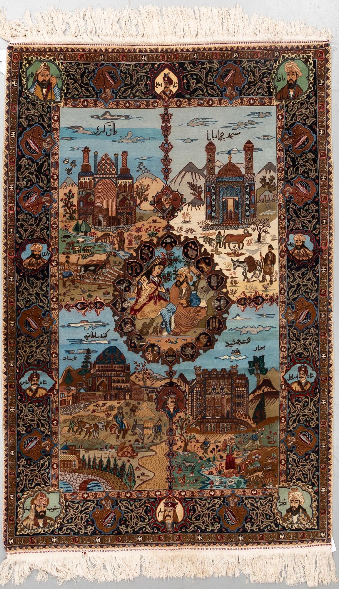 A RUG, probably Tabriz, figural, the "Four seasons", ca 233 x 159 cm (as well as 1,5 cm flat weave at the ends).