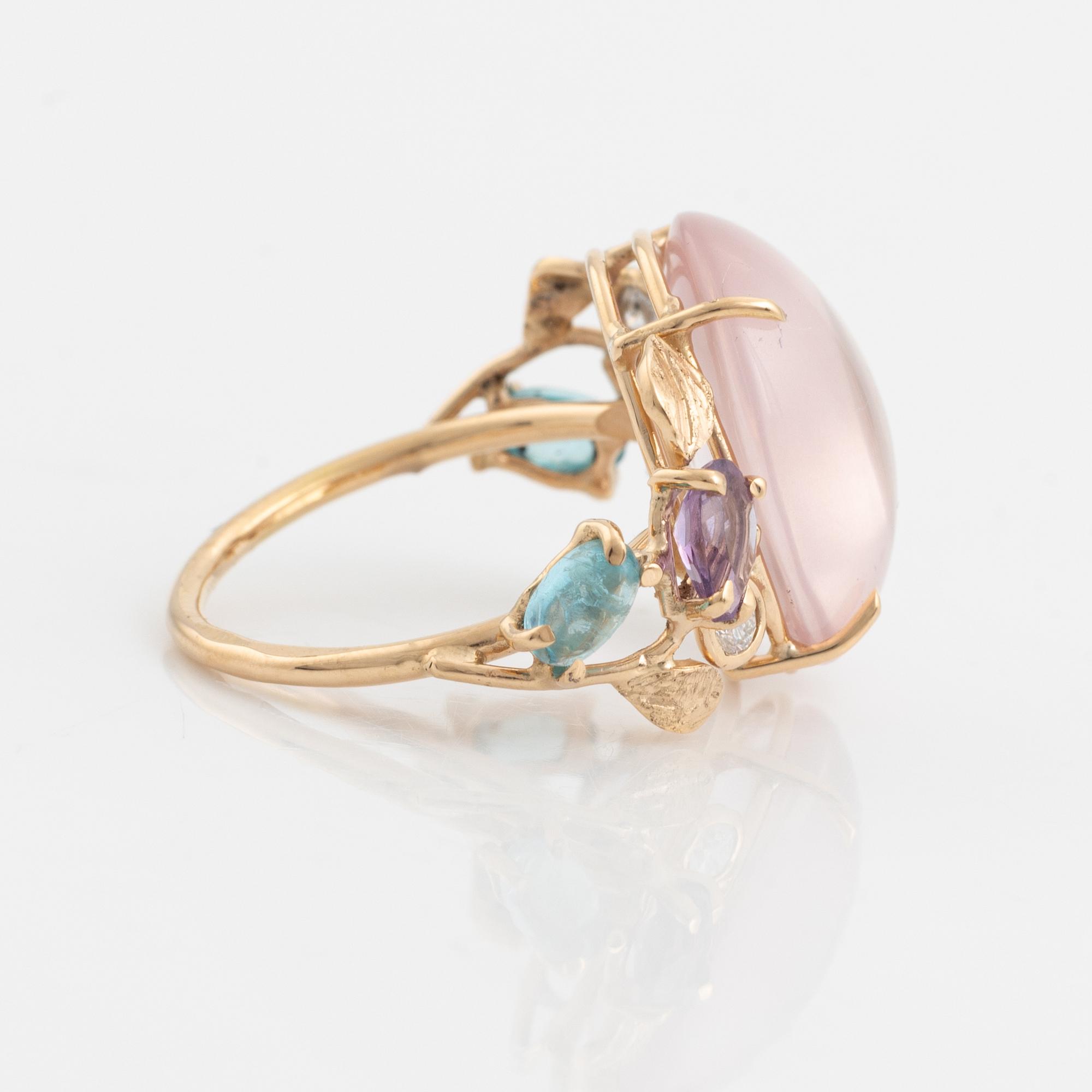 Ring with cabochon-cut rose quartz, amethyst, apatite, and brilliant-cut diamonds.