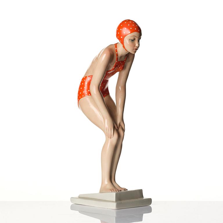 Abele Jacopi, "La tuffatrice" (Grande), a glazed ceramic figurine, Lenci, Italy ca 1936-37, model no 675.